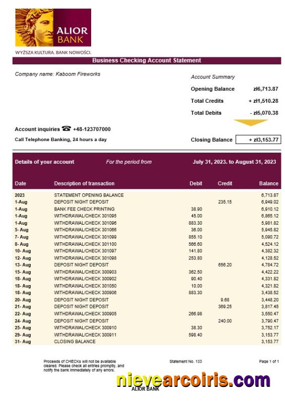 Alior Bank company checking account statement